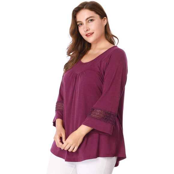 Women's Plus Size Crochet Panel Kimono Raglan Sleeves Tops Purple - Picture 3 of 6